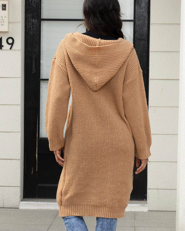 Button Up Long Sleeve Hooded Cardigan with Pockets - Plush Fashion Shop #