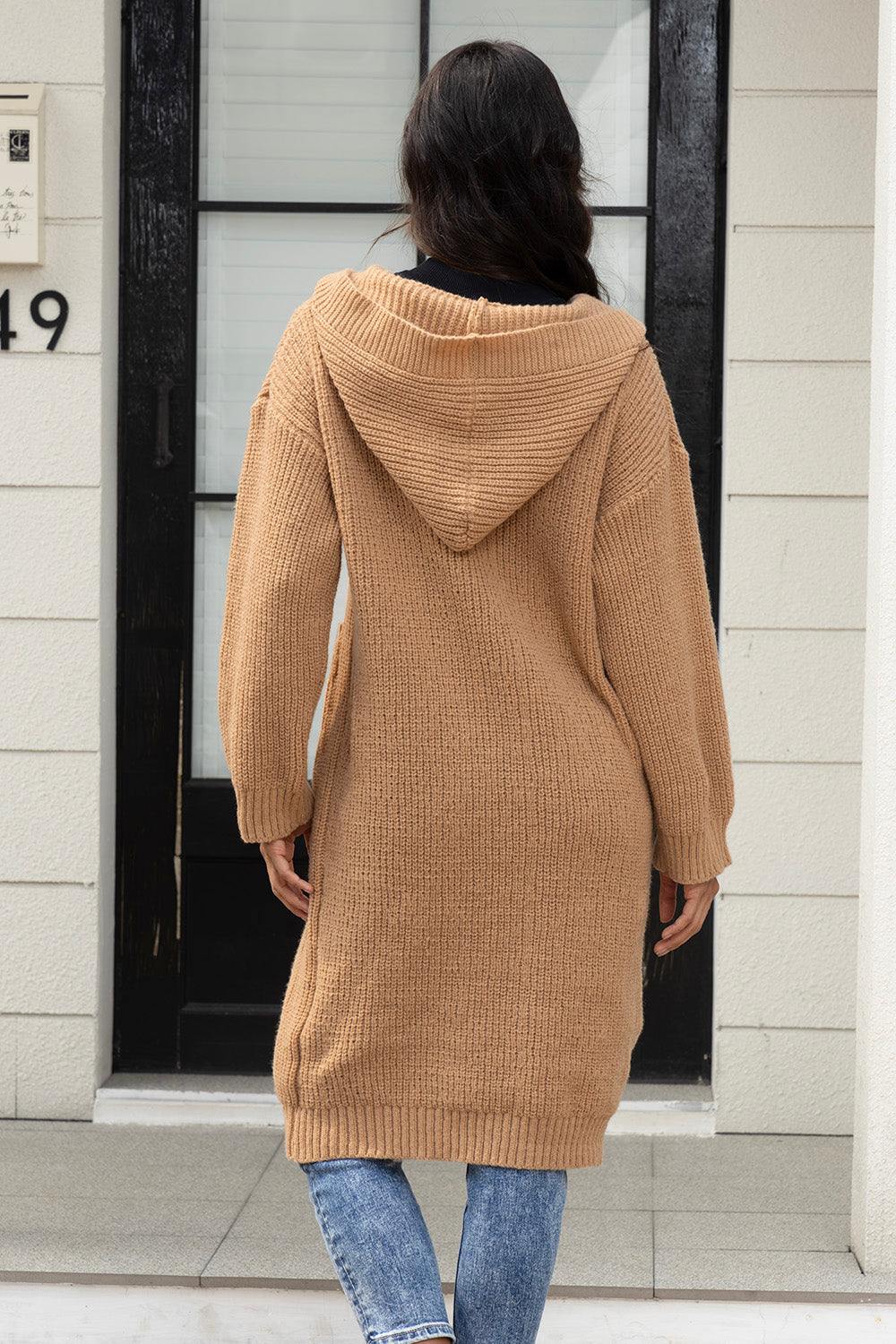 Button Up Long Sleeve Hooded Cardigan with Pockets - Plush Fashion Shop #