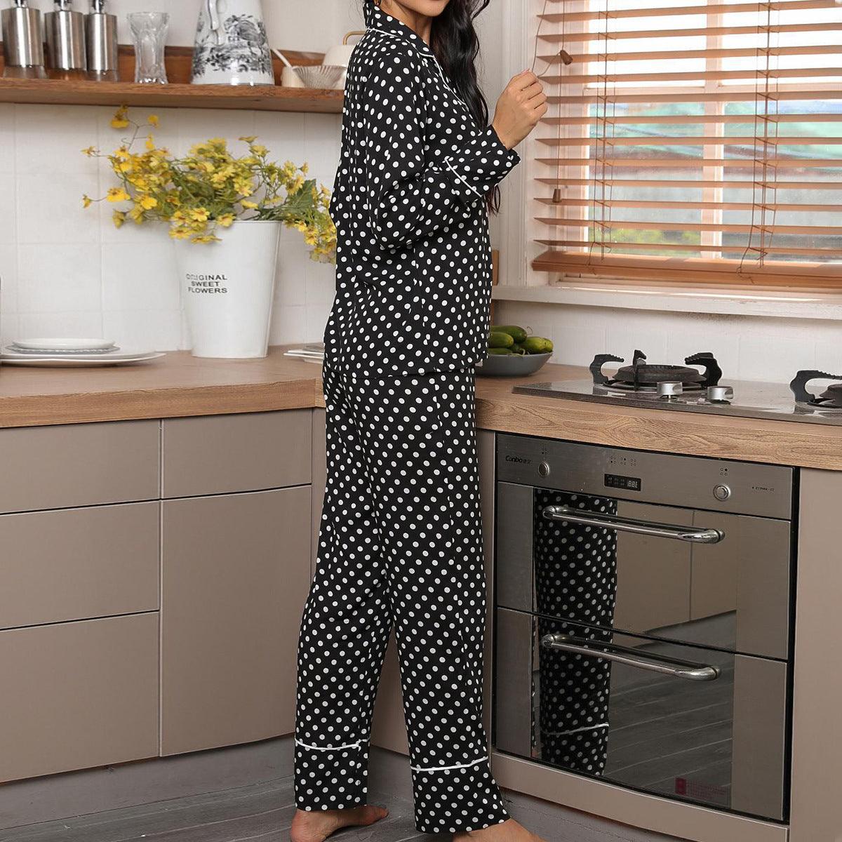 Ladies' Polka Dot Printed Long-sleeved Two-piece Pajamas SetUpgrade your sleepwear with our Ladies' Polka Dot Printed Pajamas Set. The long-sleeved top and matching bottoms feature a playful polka dot print for a touch of funPajamasPlush Fashions ShopPlush Fashion ShopLadies' Polka Dot Printed Long-sleeved