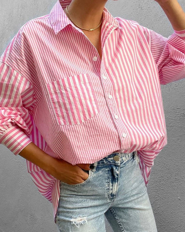 Striped button down long sleeve shirt in pink and white.