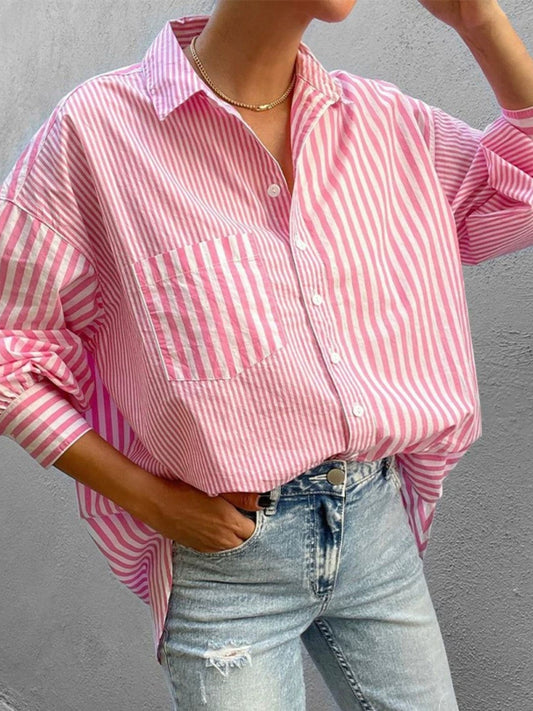 Striped button down long sleeve shirt in pink and white.