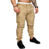 Men's casual khaki woven fabric pants with cargo pockets, featuring a comfortable fit and elastic cuffs.