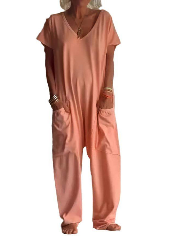 Womens Solid Color V-neck Oversized Pocket Jumpsuit - Plush Fashion Shop #