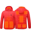 Red heated coat with visible heating elements, featuring a detachable hood and lightweight design for winter warmth.