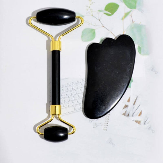 Beauty Face Care Massage Jade Device with Bianstone roller and Gua Sha tool for skincare routine.