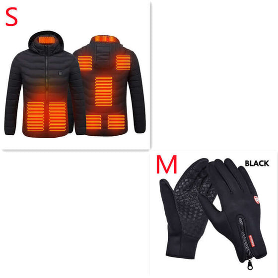 Heated coat with visible heating elements and black thermal gloves for winter warmth and comfort.