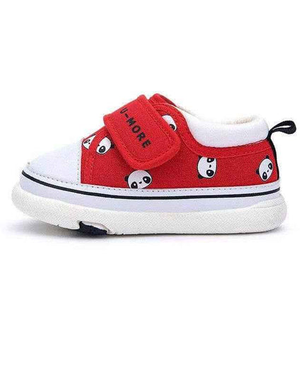 Non-slip wear-resistant toddler shoes with red panda design, soft twill, breathable fabric, and MD+rubber outsole.