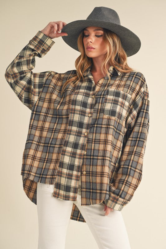 Women's  Frayed Hem Plaid Button Up Flannel Shirt