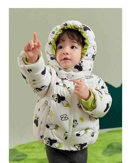 Children's down jacket with panda print, tall hat collar, windproof and thermal design.