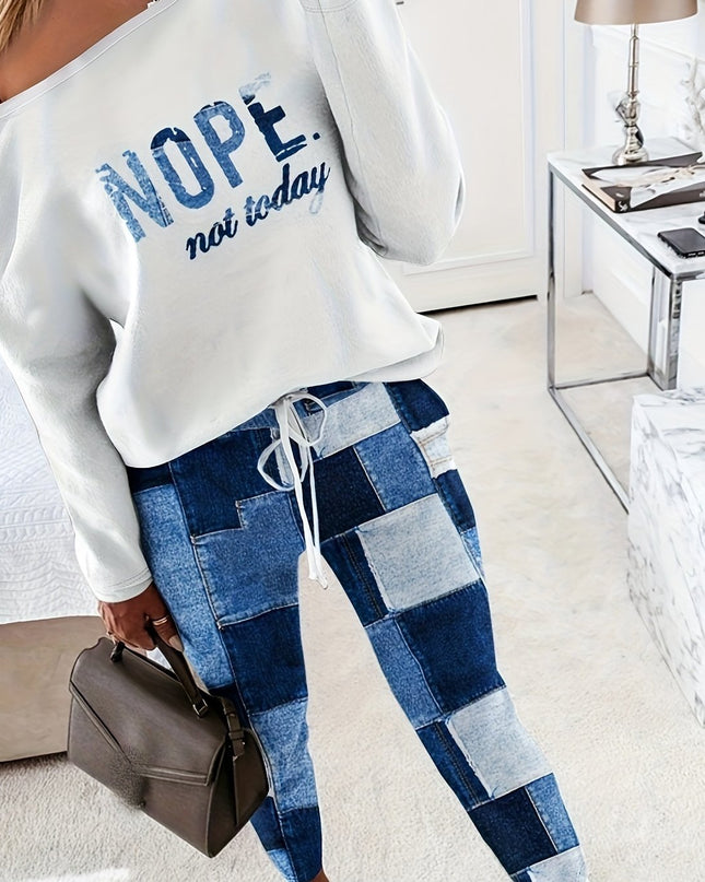 Women's 2 Piece Nope Not Today Print Skew Neck Long Sleeve Pullover Top with Stretchy Waist Long Pants Outfit