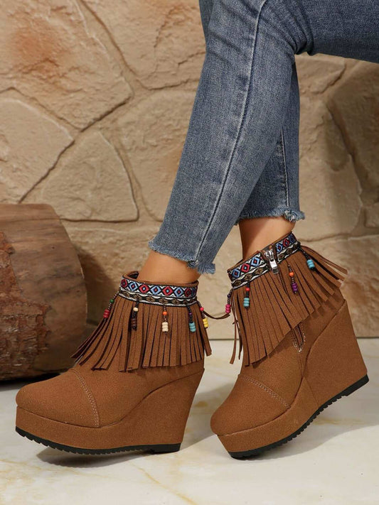 Fringe Suede Wedge Boots with colorful fringe and accents.