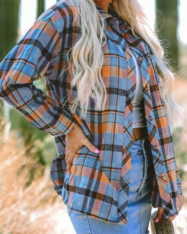 Plaid Collared Neck Long Sleeve Shirt