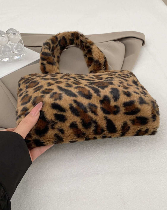 Leopard Fluff Handbag With Zip - Plush Fashion Shop #