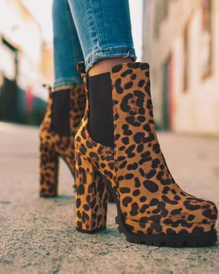 Round-toe Ankle Boots Solid Leopard Print Thick Square High Heel Shoes - Plush Fashion Shop #