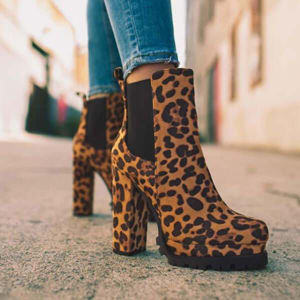 Round-toe Ankle Boots Solid Leopard Print Thick Square High Heel Shoes - Plush Fashion Shop #