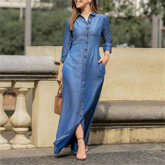 Shirt collar denim button maxi dress with a button-down front and maxi length.