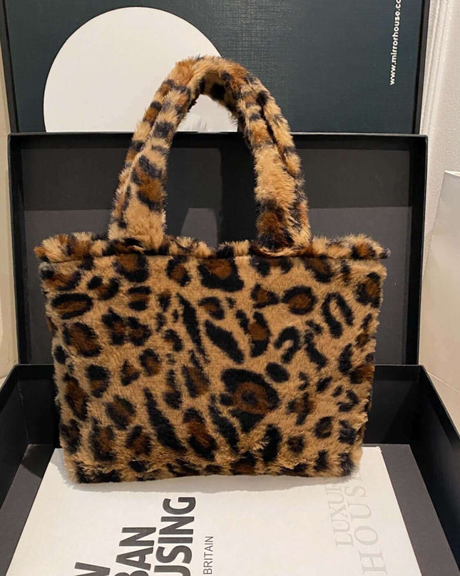 Leopard Fluff Handbag With Zip - Plush Fashion Shop #