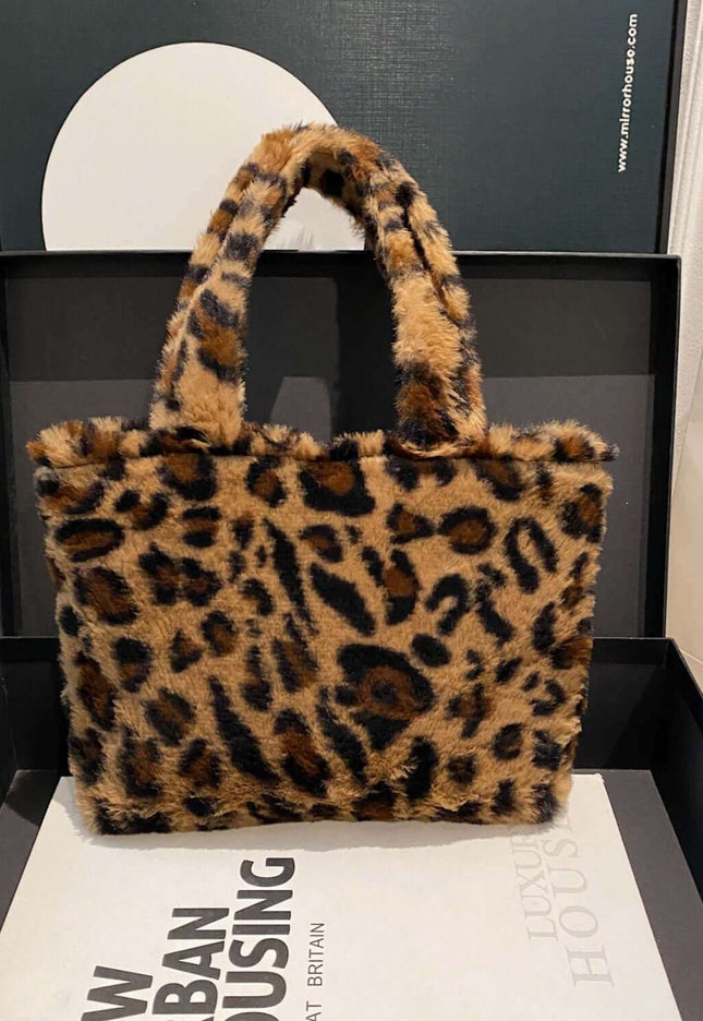 Leopard Fluff Handbag With Zip - Plush Fashion Shop #