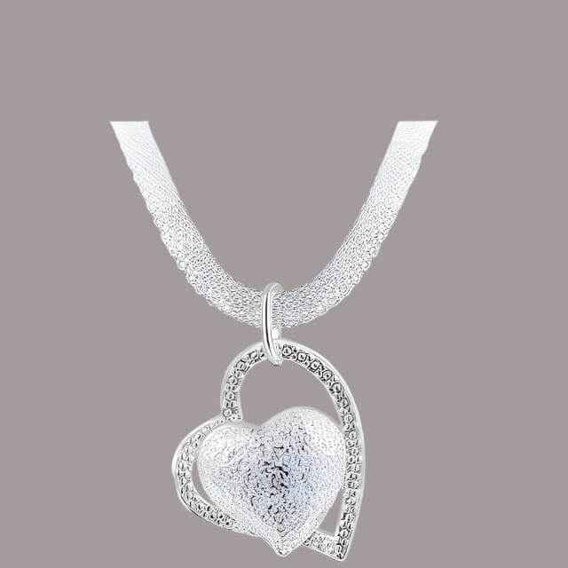 Fine Jewelry Silver Net Style Heart Necklace with silver-plated copper chain.