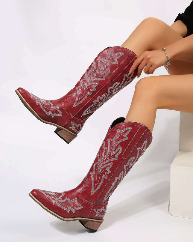 Leather Embroidered Geometric Point Toe Boots - Plush Fashion Shop #