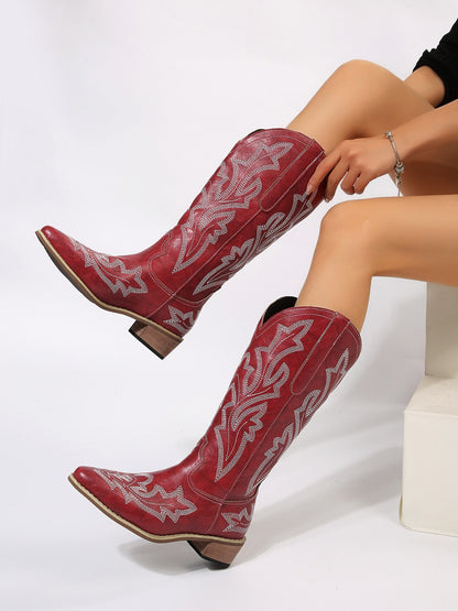 Leather Embroidered Geometric Point Toe Boots - Plush Fashion Shop #