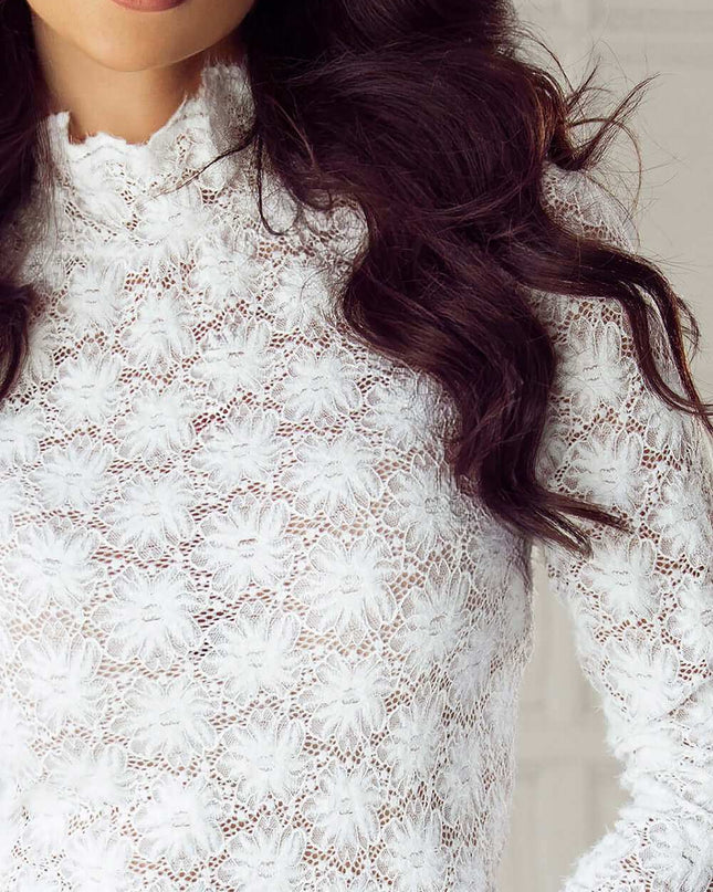 Mock Neck Long Sleeve Lace Tops - Plush Fashion Shop #