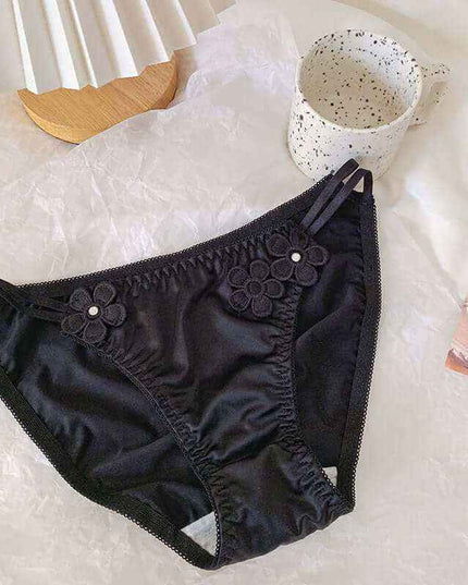 Pure Desire Underwear Women's Silky Embroidered Floral Low Waist Briefs in Black.