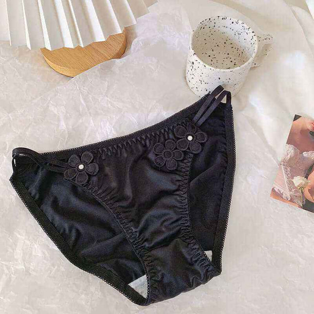 Pure Desire Underwear Women's Silky Embroidered Floral Low Waist Briefs in Black.