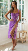 Slit Lace Maxi Casual Holiday Dress with floral pattern and elegant slit.