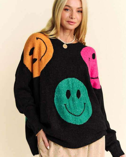 Women's Contrast Smile Round Neck Oversize Sweater - Plush Fashion Shop #