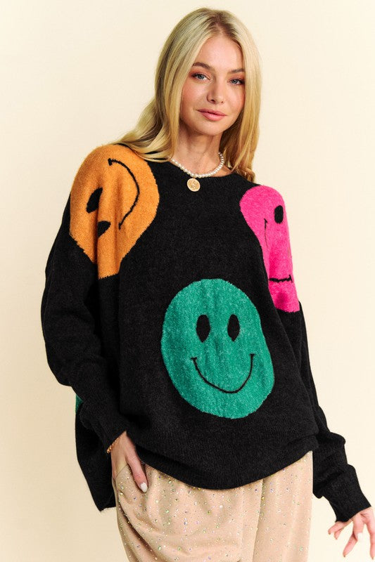 Women's Contrast Smile Round Neck Oversize Sweater - Plush Fashion Shop #