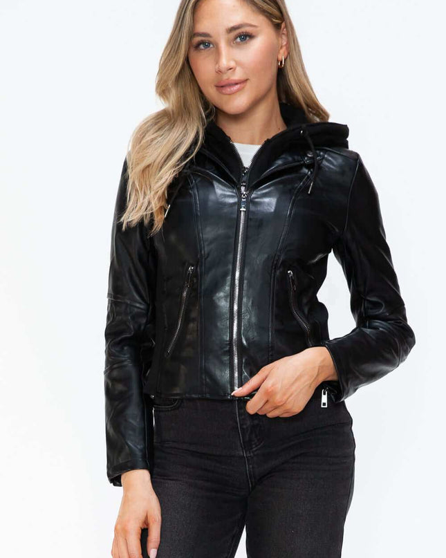 Snobbish  Leather Zip Up Drawstring Hooded Jacket