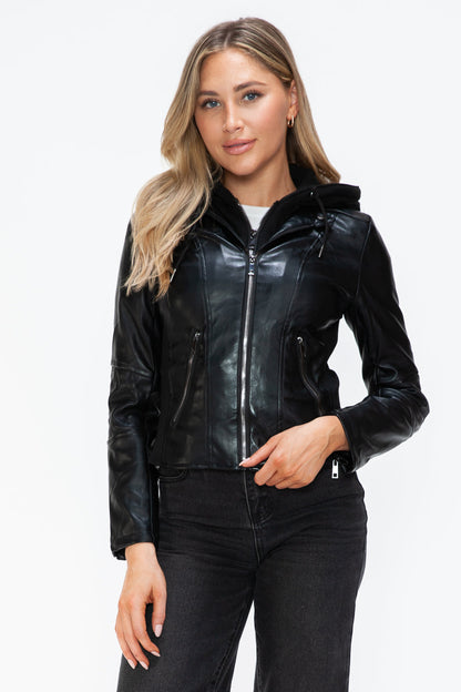 Snobbish  Leather Zip Up Drawstring Hooded Jacket