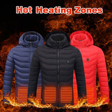  Heated coat with hot heating zones in black, red, and blue, designed for winter warmth and comfort.