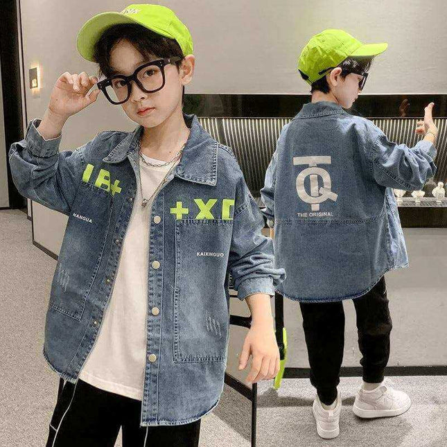 Boys denim shirt jacket, long-sleeved, Western style, casual wear for kids over 8, blue.