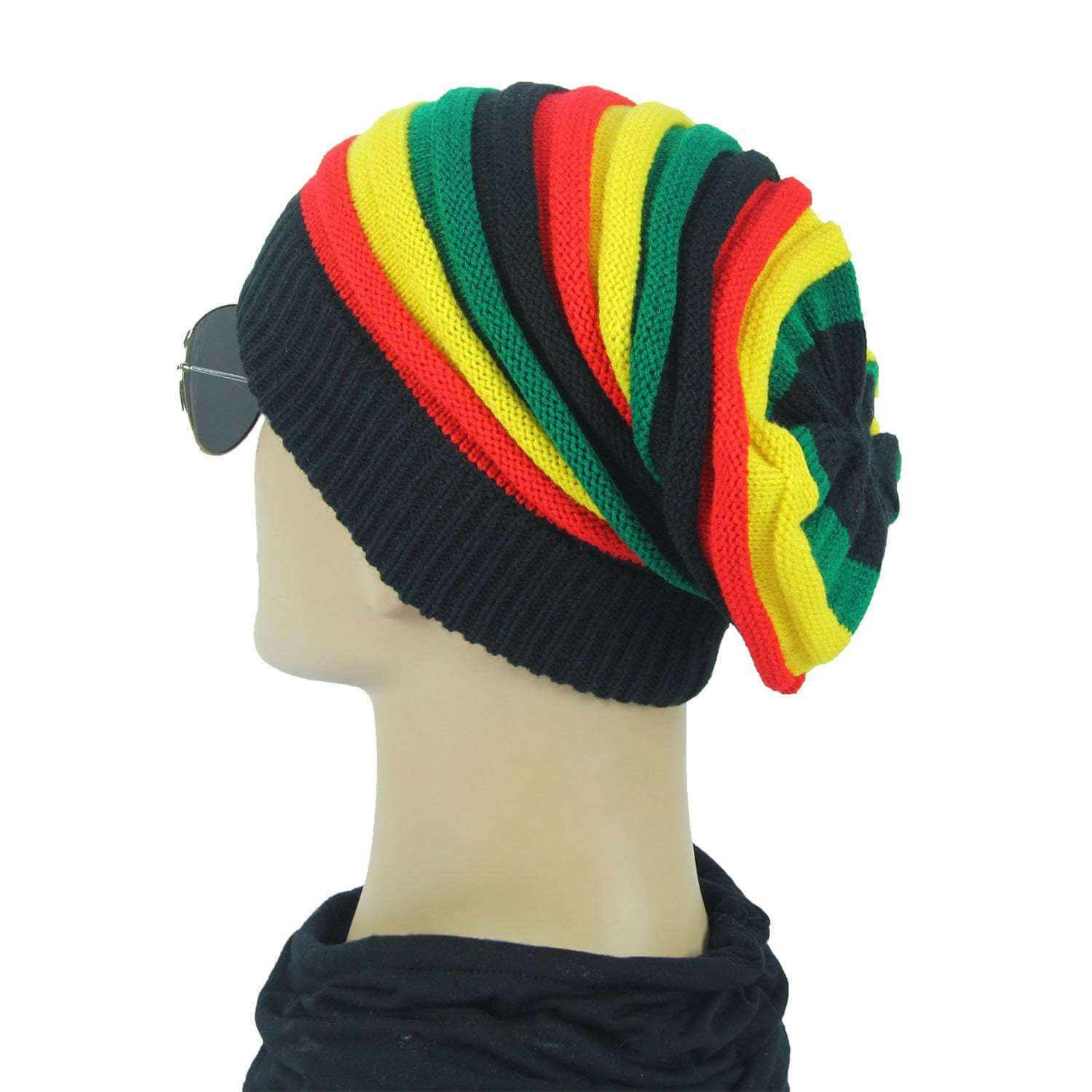 Colorful striped wool hat with soft acrylic, trendy design, warm for outdoor wear.