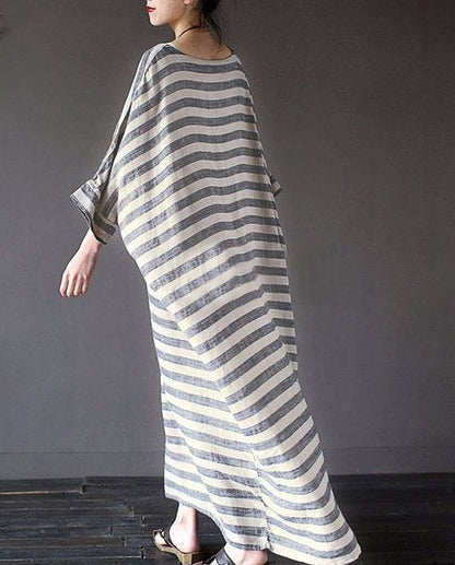 Cotton And Linen Stripes Loose Plus Long Dress