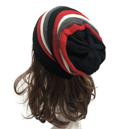 Colorful striped wool hat, trendy knit design for outdoor warmth.