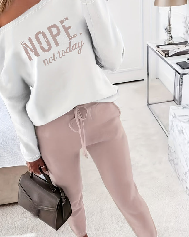 Women's 2 Piece Nope Not Today Print Skew Neck Long Sleeve Pullover Top with Stretchy Waist Long Pants Outfit