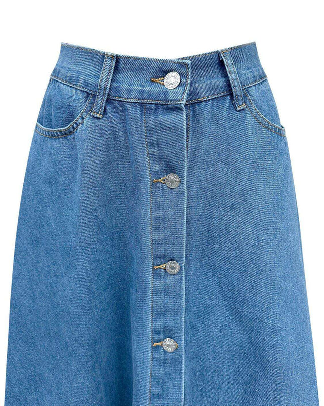 Buttoned Midi Denim Skirt with Pockets - Plush Fashion Shop #