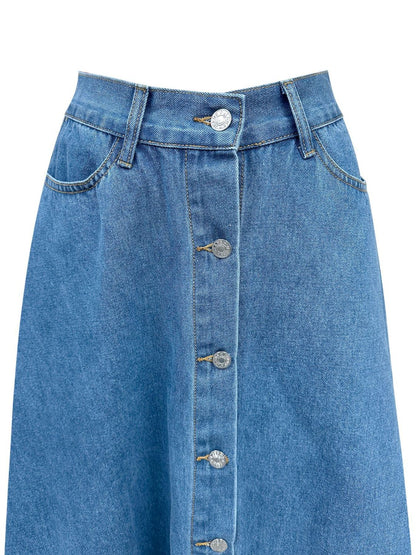 Buttoned Midi Denim Skirt with Pockets - Plush Fashion Shop #