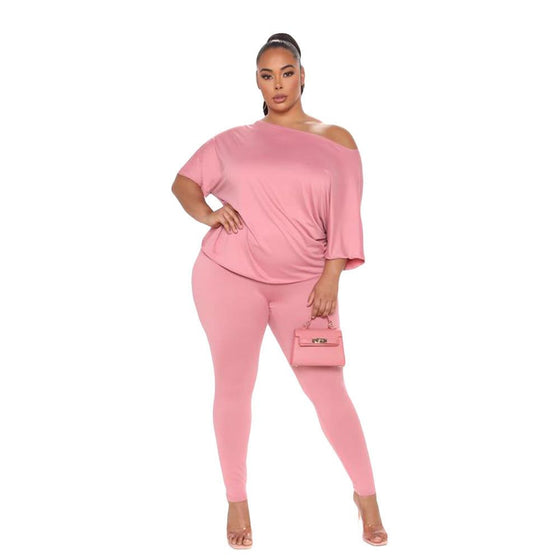 Loose casual back twist backless solid color two-piece suit in pink.