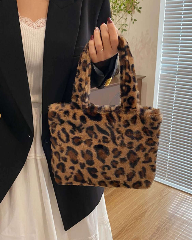 Leopard Fluff Handbag With Zip - Plush Fashion Shop #