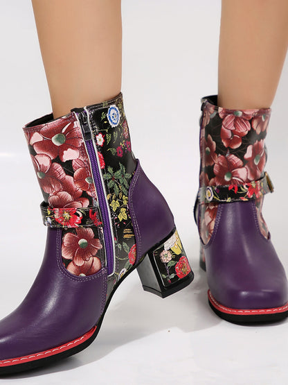 Women's  Leather Flower Block Heel Boots