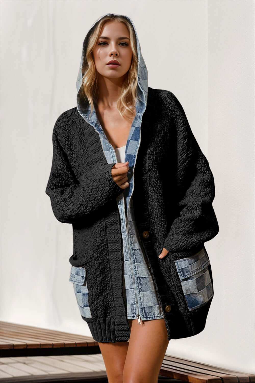 Full Size Hooded Denim Spliced Sweater Cardigan with Pockets