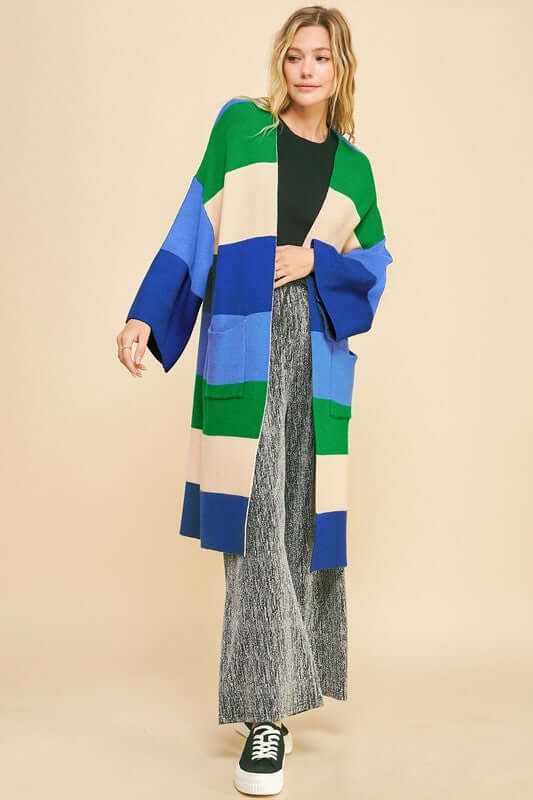 Davi & Dani Color Block Kimono Sleeve Open Front Cardigan in bold colors.