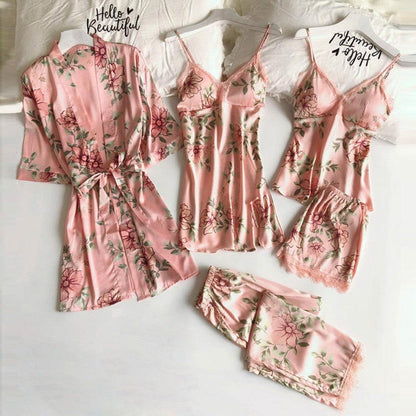 Women's Loose Comfortable Lace Five-Piece Pajama Set - Plush Fashions Shop 