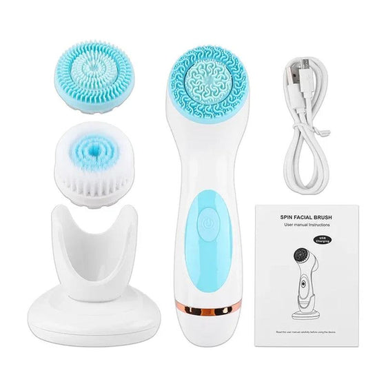 Advanced Ultrasonic Facial Cleansing Brush with multi-functionality, silicone brush heads, and charging cable.