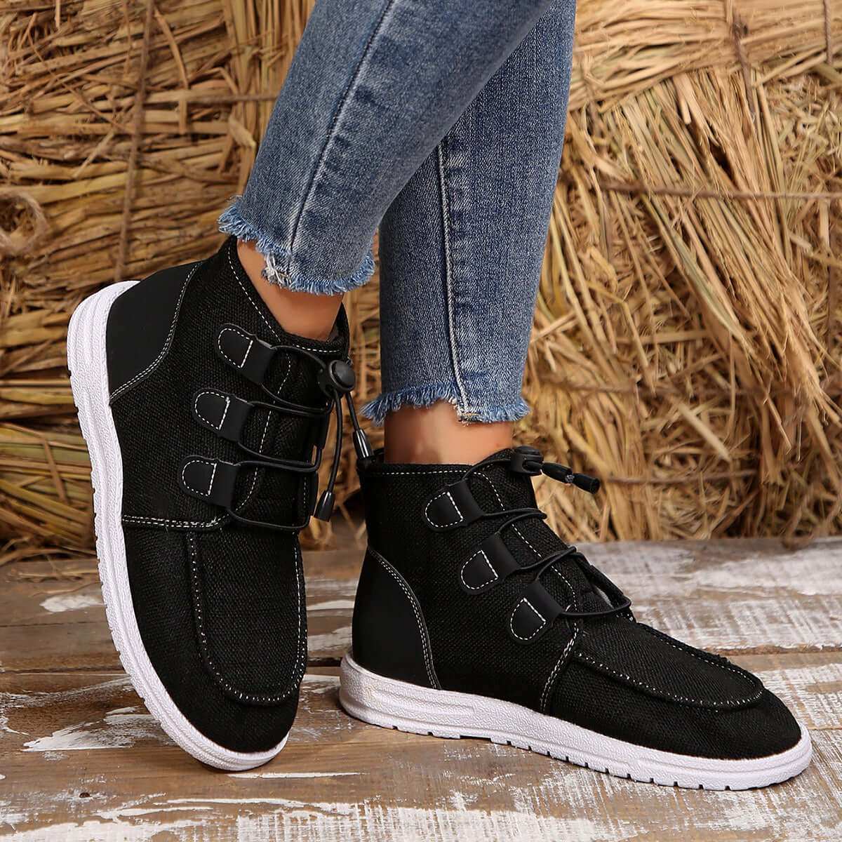 Lace-Up Round Toe Flat Sneakers in black, providing comfort and style.