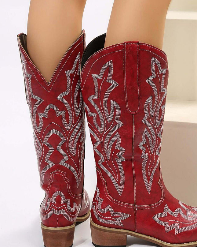 Leather Embroidered Geometric Point Toe Boots - Plush Fashion Shop #